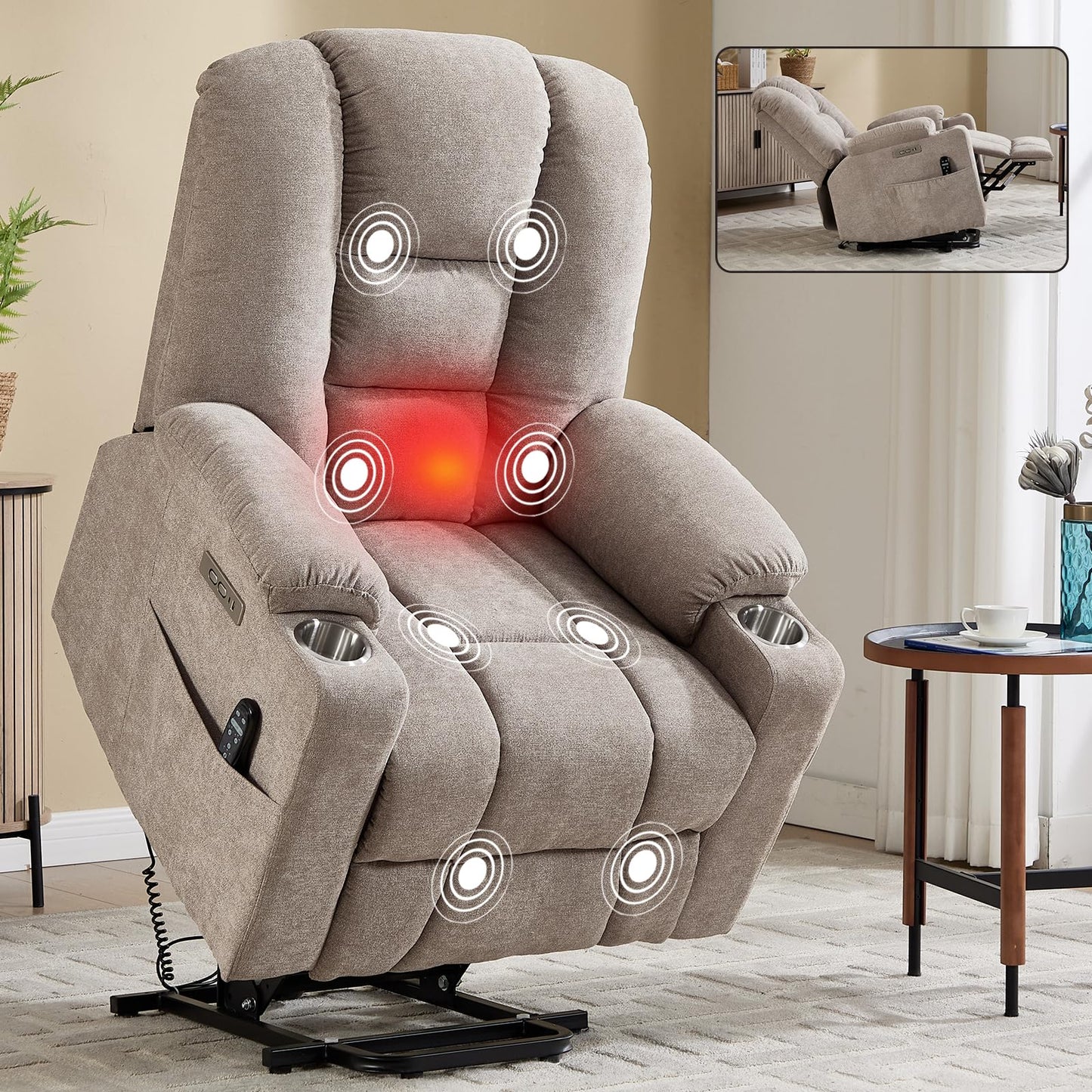 KEIKI Oversized Power Lift Recliner Chair with Heat & Massage, Reding Rocking Chair for Adults, High Seat Cozy Chenille Recliner with Side Pockets, USB Port, Cup Holders & Lumbar Support, Khaki