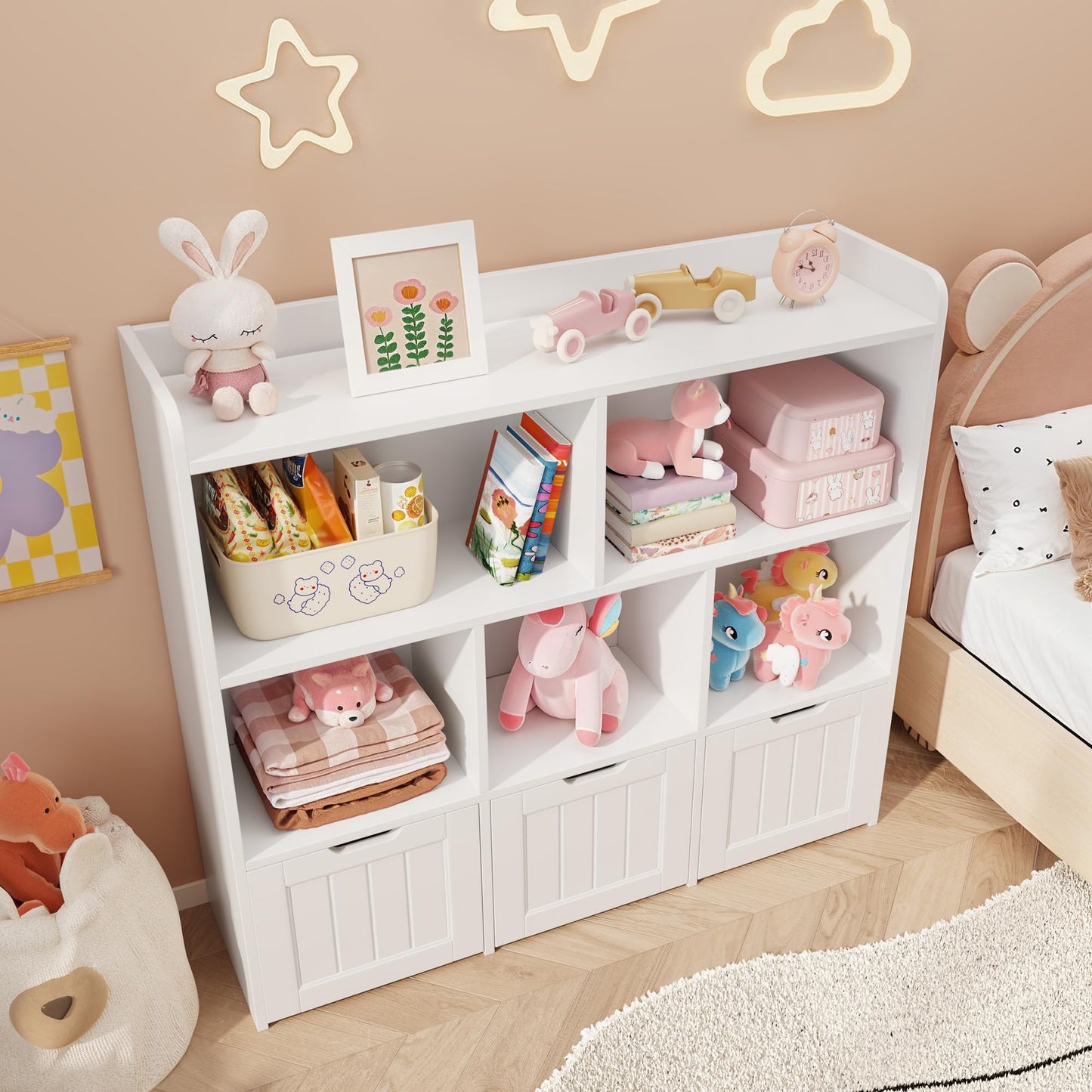 Gizoon Toy Storage Organizer with 3 Movable Drawers and 6 Open Shelves Kids Bookshelf Featuring Fall Prevention Barrier for Playroom Nursery Kids Room Organization, White, Painted