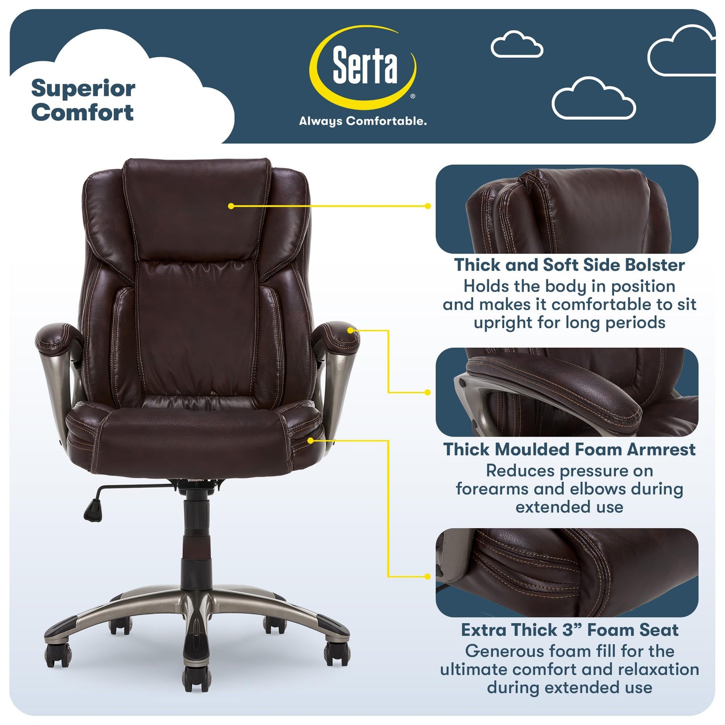Serta Garret Executive Office Chair, Ergonomic Mid-Back with Lumbar Support, Semi-Plush Cushion and Body Pillows, Padded Armrests, Swivel Base, Bonded Leather, Brown