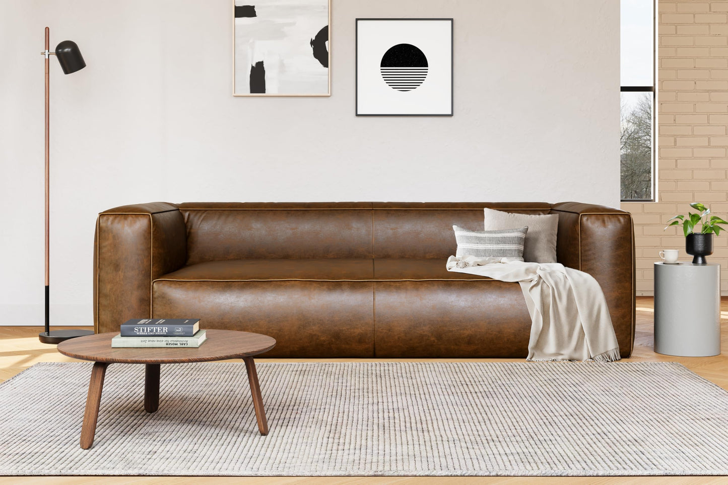 Valencia Graz Leather Wide Sofa 92" | Premium Full Semi-Aniline Leather | Modern Wide Couch with Unique Variations, Legless Design for Living Room, Chocolate