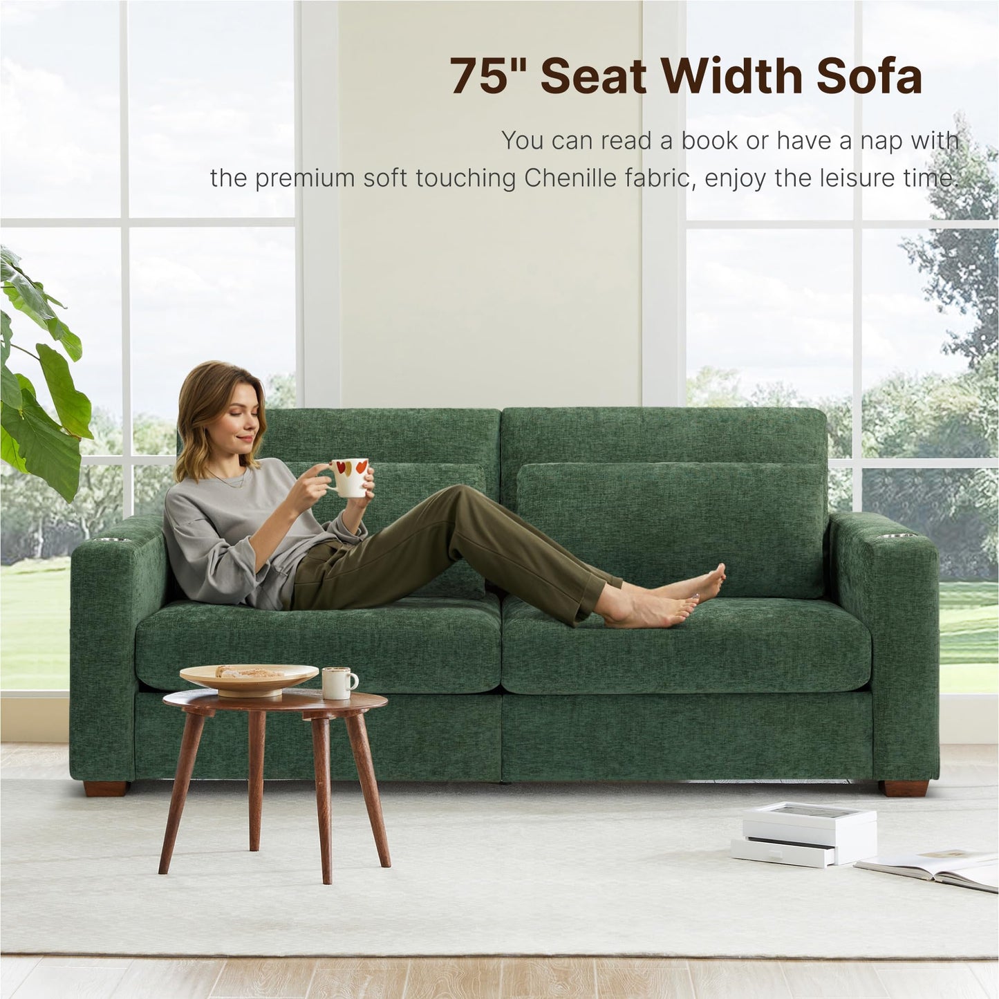 KISLOT 89" Loveseat Sofa Couch for Living Room Chenille Upholstered Couch with Deep Seat and Wide Armrests 3 Seater with Cup Holders, USB & Type-C Ports, Spring Cushion, Solid Wood Frame Moss Green