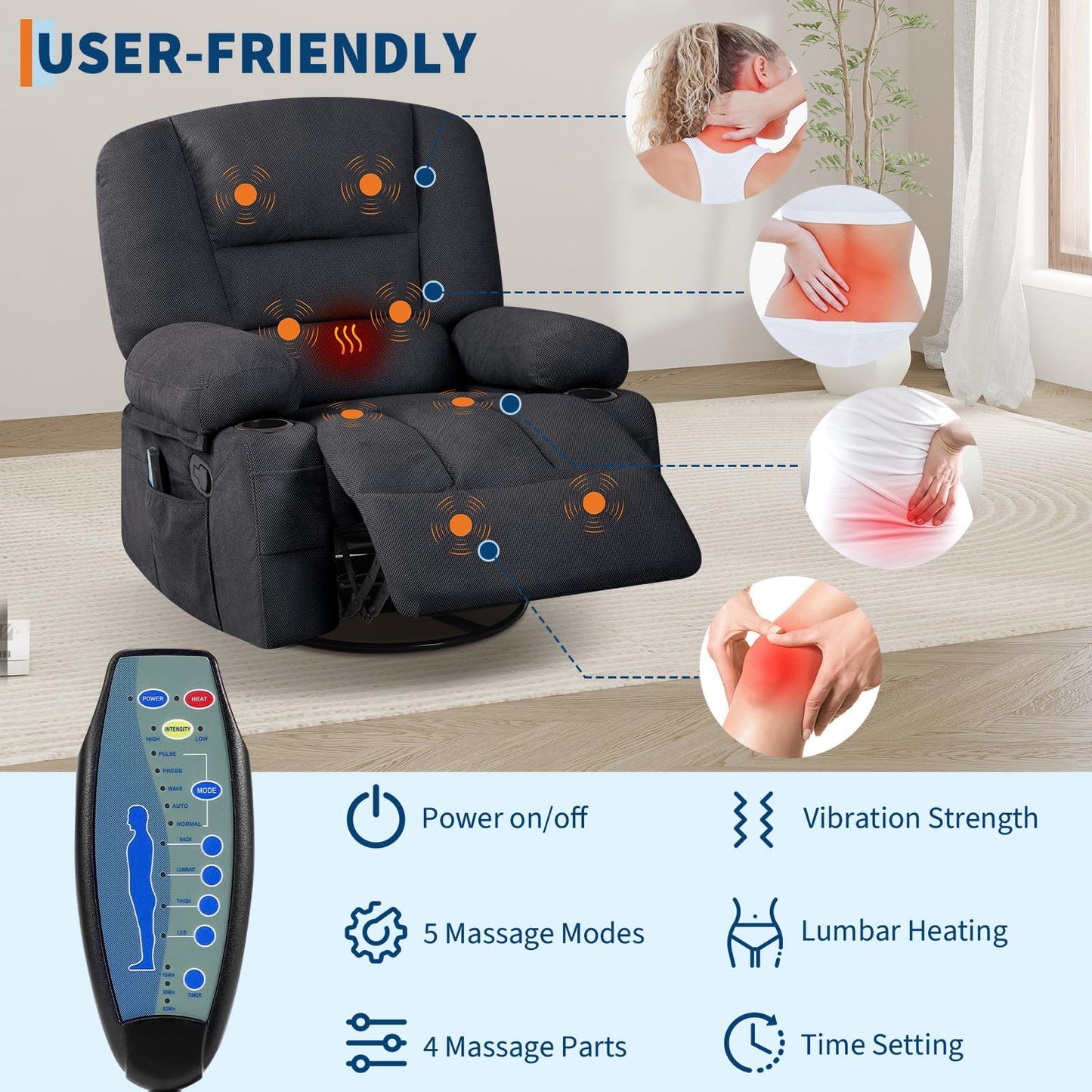 Oversized Wide Recliner Chair with Vibration Massage and Heat, 360° Swivel Recliner Glider for Adults,Chenille Fabric Manual Reclining Single Sofa with Cup Holders & Side Pockets for Living Room,Black
