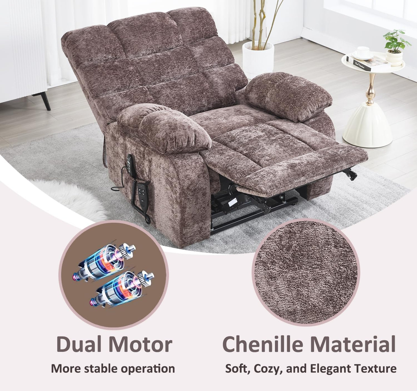 RHHVVR Oversized Power Lift Recliner Chair for Elderly, Dual Motor Lay Flat Recliner Big Chair with Massage and Heating, Chenille Electric Recliner Chairs for Living Room, Medium-Firm, Brown