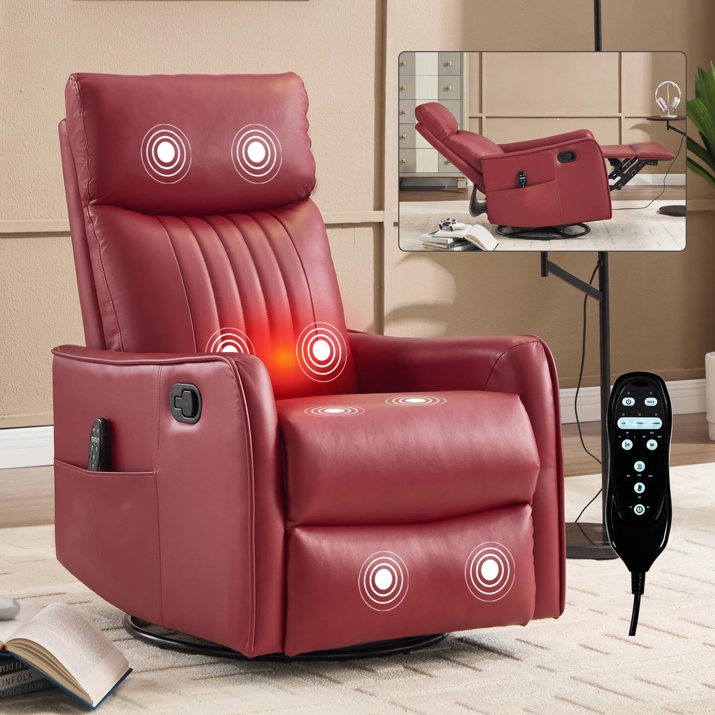 KEIKI 4-in-1 Manual Swivel Rocker Recliner Chair for Living Room, Faux Leather Nursery Glider Rocking Chairs with Back Massager & Heat, Engineered for Compact Apartment Comfort Lounging Daily, Red