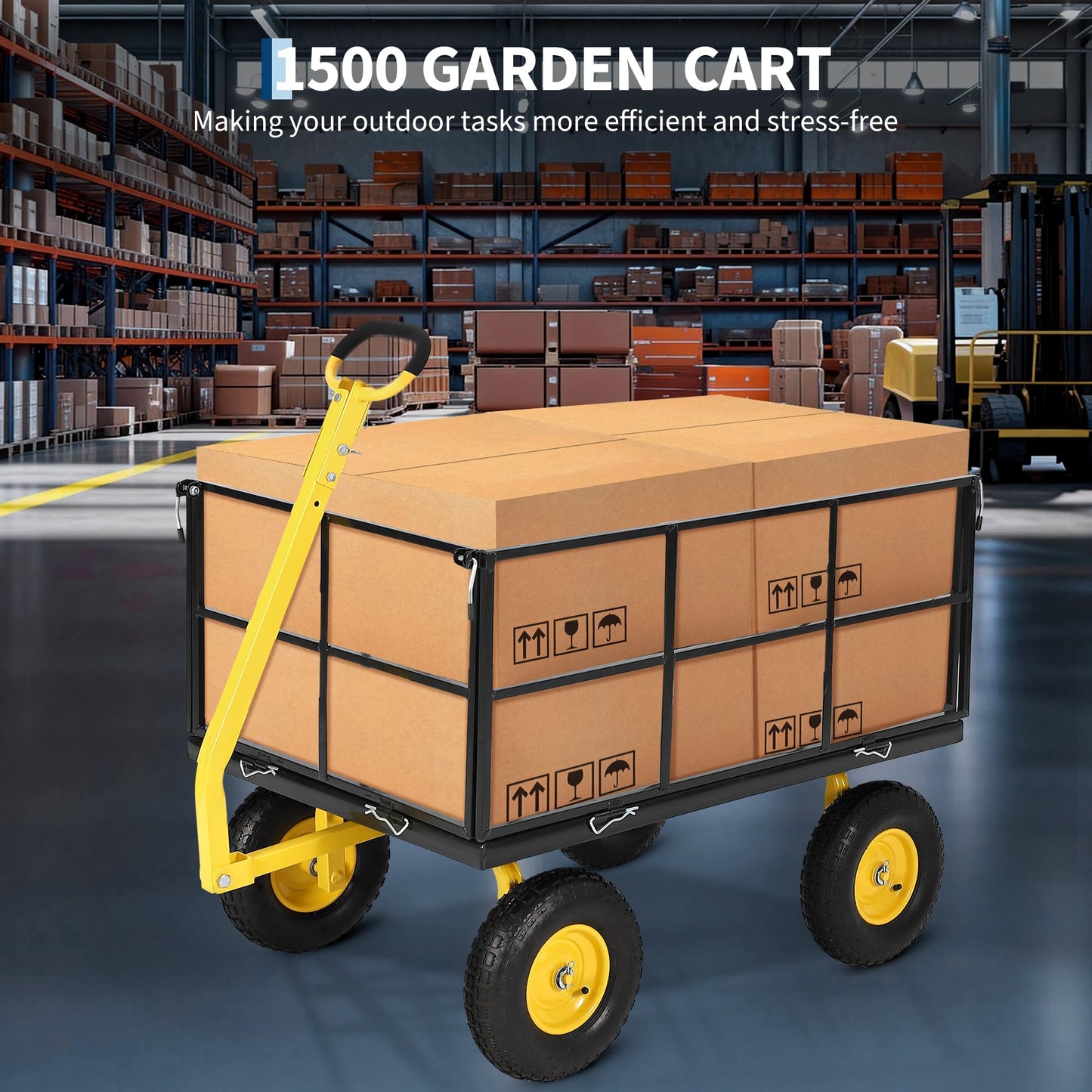 Garvee 1500 LB Garden Dump Cart with 13 in All Terrain Tires, 3-in-1 Yard Wagon Cart with Removable Side Panels, Heavy Duty Outdoor Metal Utility Wagon Yard Trailer for Outdoor Lawn, Yard, Backyard