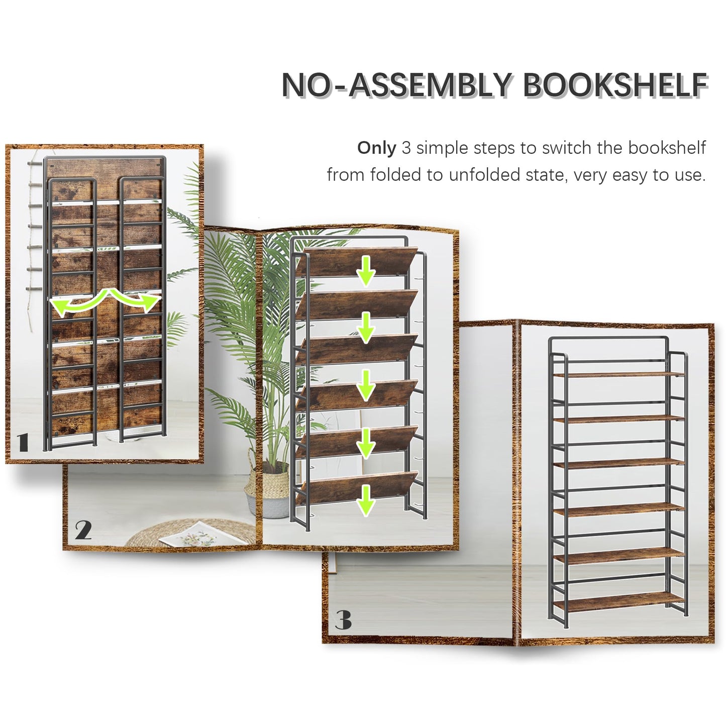 4NM No Assembly Extra Wide 6 Tiers Folding Bookshelf Storage Shelves Vintage Bookcase Standing Racks Study Organizer Home Office (Rustic Brown Black)
