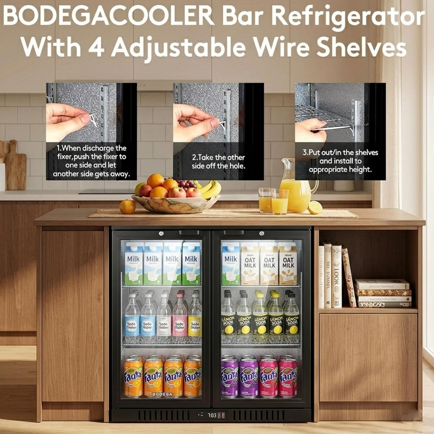 BODEGACOOLER 35.4 Inch Under Counter Beverage Refrigerator, 2 Door Back Bar Cooler, Dual Zone 32–50°F, 7.4 Cu.Ft Built-in or Freestanding Glass Door Fridge with LED Lighting, Holds 216 Cans/62 Bottles