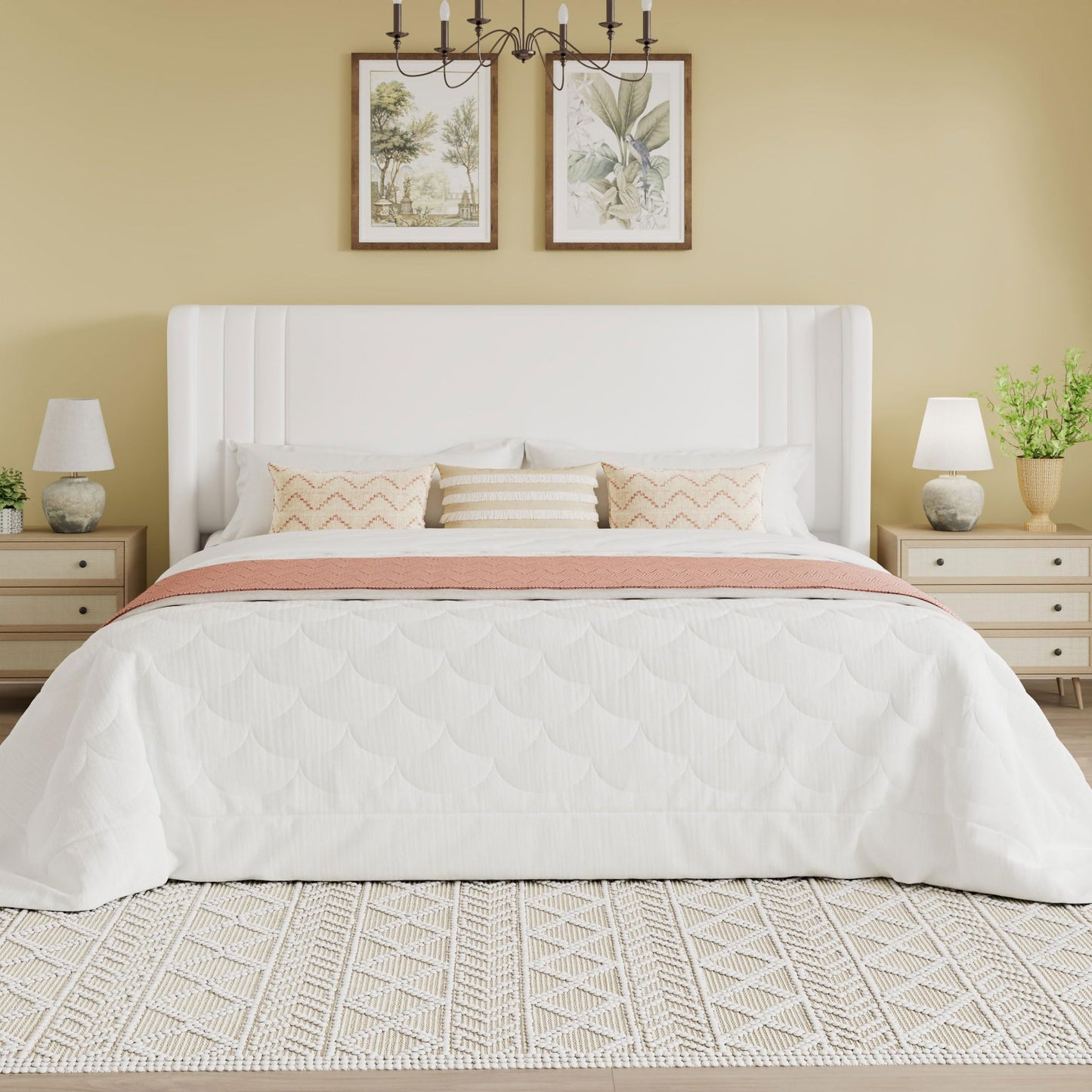 SHA CERLIN King Size Velvet Upholstered Platform Bed Frame with Vertical Channel Tufted Wingback Headboard, Wooden Slats Support, Easy Assembly, Under Bed Storage, No Box Spring Required, White
