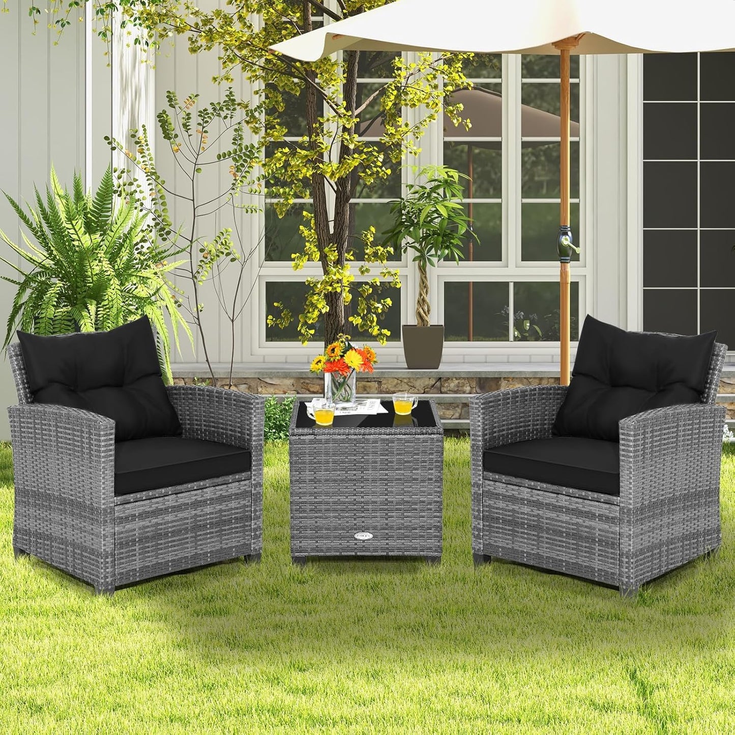 LDAILY Patio Furniture Set, 3 Pieces PE Rattan Wicker Patio Sofa Chairs with Washable Cushion & Glass Table, Outdoor Furniture Conversation Sets for Porch, Balcony, Garden, Poolside (Black)