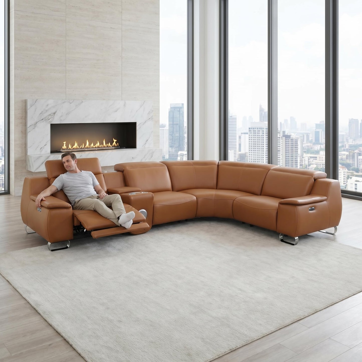 Trygoal Power Reclining Sectional Sofa Set, Modern L-Shaped Couch with USB Charging, 4 Seat Power Reclining Sofa, Reclining Sectional Couches for Living Room, Home, Office, Leather, Orange Yellow