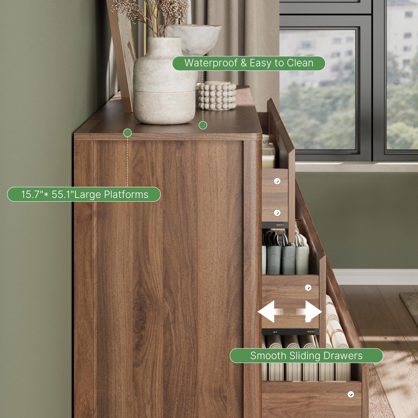 MAISONARIA Walnut Dresser for Bedroom, 55.1" Wide Dresser with 6 Drawers and Hidden Handles, Modern Wood Chest of Drawers for Clothes and Accessories, Stylish Storage Cabinet for Living Room, Entryway