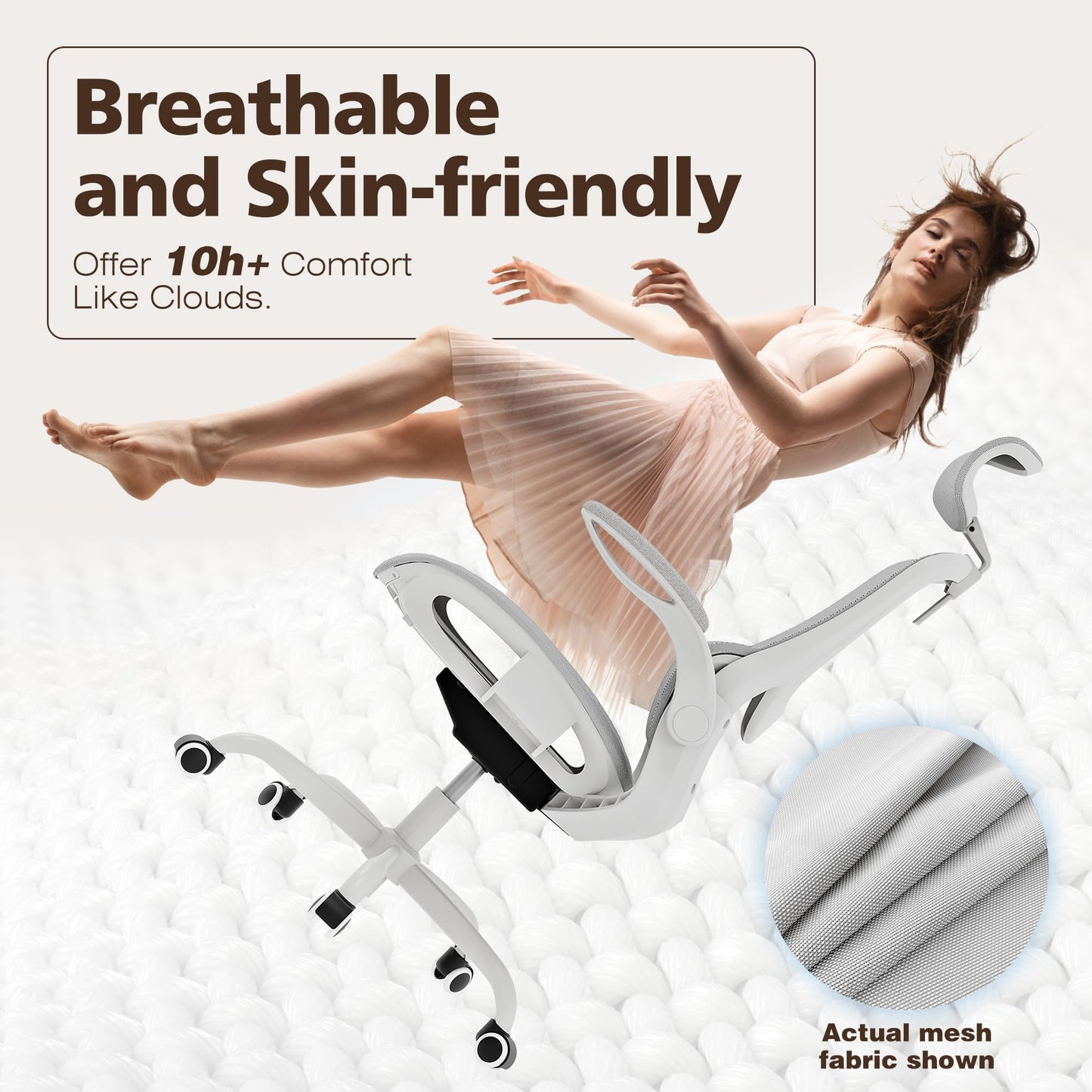 GABRYLLY Ergonomic Mesh Office Chair- White Desk Chair, Flip-Up Armrest, Adjustable Headrest, Tilting with Soft Seat and PU Wheel, Elite Home Desk Chair for Work, Study, Gaming (GY1108)