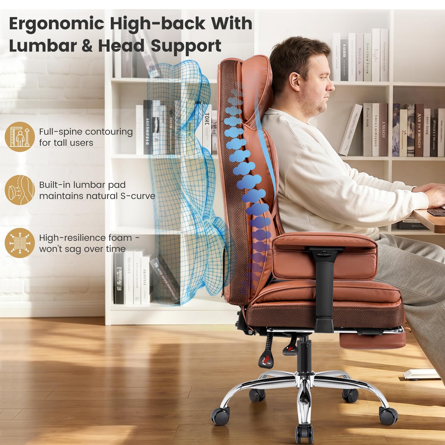 Stella Mia Big & Tall Executive Office Chair, Ergonomic High Back Heavy Duty Computer Chair with Retractable Footrest and Wide Seat, Brown 2 Pack