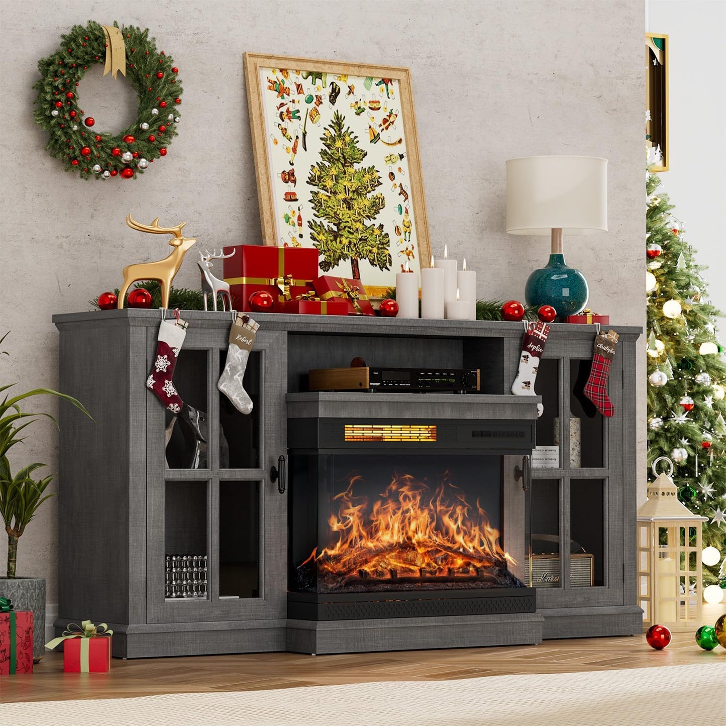 YESHOMY Glass Fireplace TV Stand for Televisions up to 65", Media Entertainment Center Console Table with Doors Closed Storage, Grey Wash