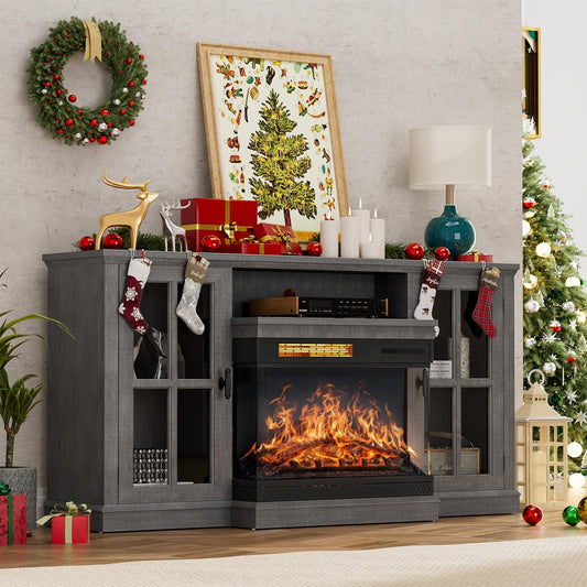 YESHOMY Glass Fireplace TV Stand for Televisions up to 65", Media Entertainment Center Console Table with Doors Closed Storage, Grey Wash