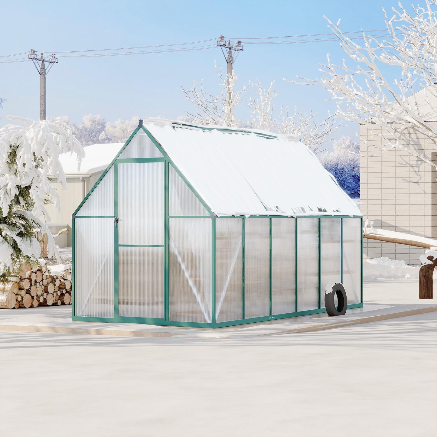 Heavy-Duty 6x11 FT Polycarbonate Greenhouse Kit for Outdoors, All-Weather Walk-in Plant Shelter with Swing Doors, Roof Vent, UV Panels, Fast Setup, Secure, Spacious Gardening