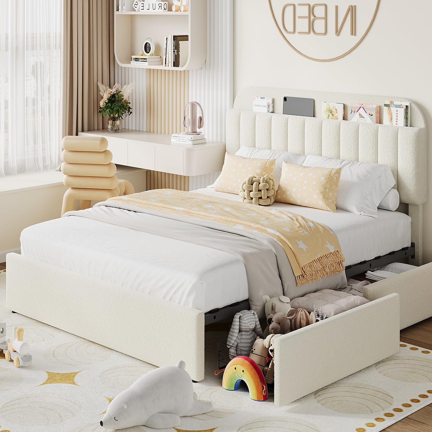 IDEALHOUSE Full Bed Frame with 2 Flexible Drawers and Bookcase Headboard, Boucle Upholstered Platform Bed for Boys/Girls, Noise-Free, Easy Assembly, No Box Spring Needed, Beige