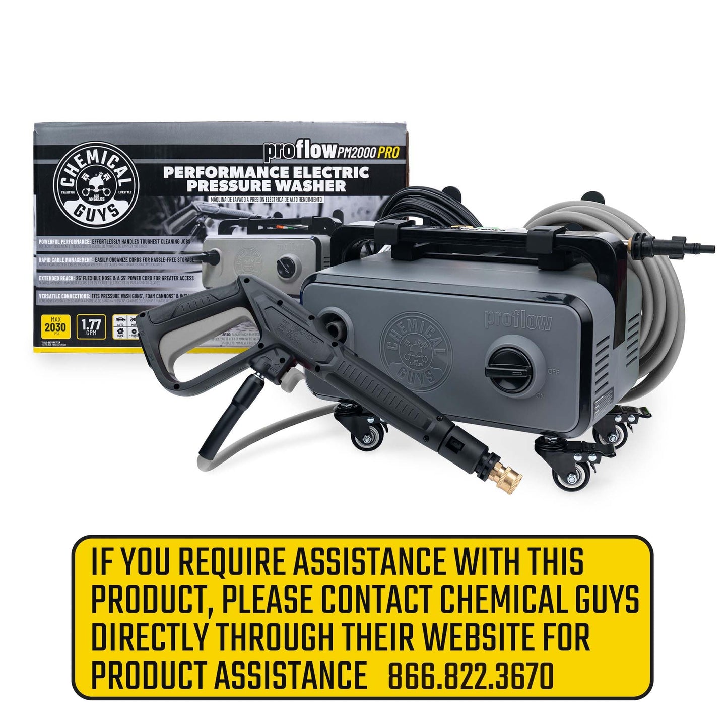 Chemical Guys Electric Pressure Washer PM2000 PRO – 2030 PSI, 1.77 GPM, 25’ Flex Hose, Compact Design, 360° Casters, Standard Connections, Cable Storage – EQP411
