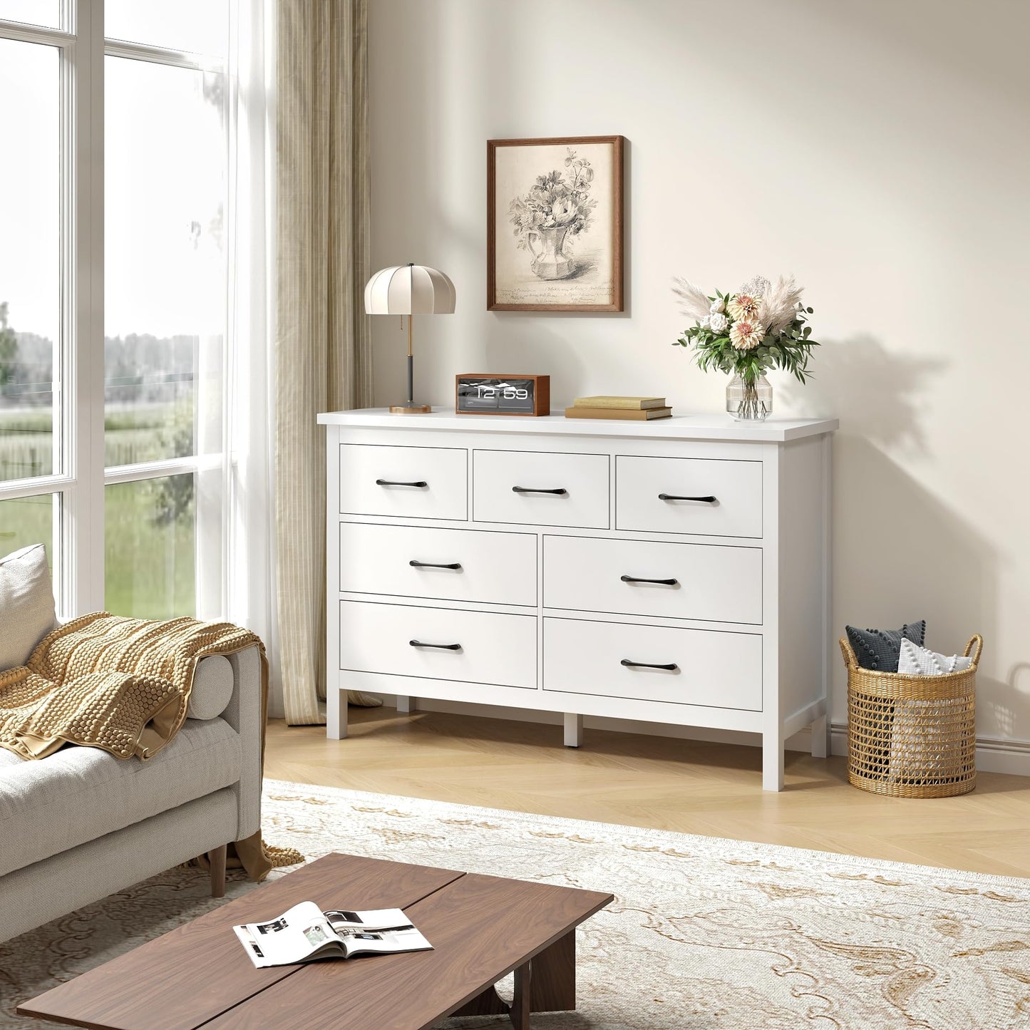 Tradare White Dresser for Bedroom with 7 Drawer,Wooden Double Dresser with Metal Handles, Wide Chest of Organizer Storage Drawers for Living Room, Hallway, Entryway