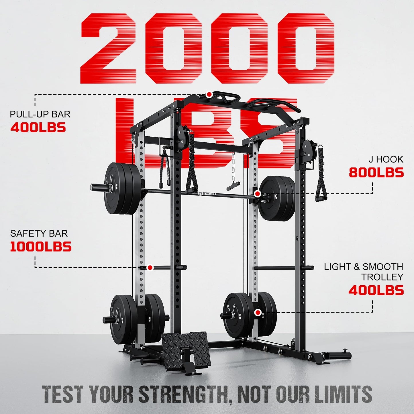 GOIMU DP01 Power Cage, 2000LBS Squat Rack with Cable Crossover and Dual Independent Pulley System, Full Cage for Full Body Training, Power Rack with More Training Attachments for Home Gym (Bk-Pro)