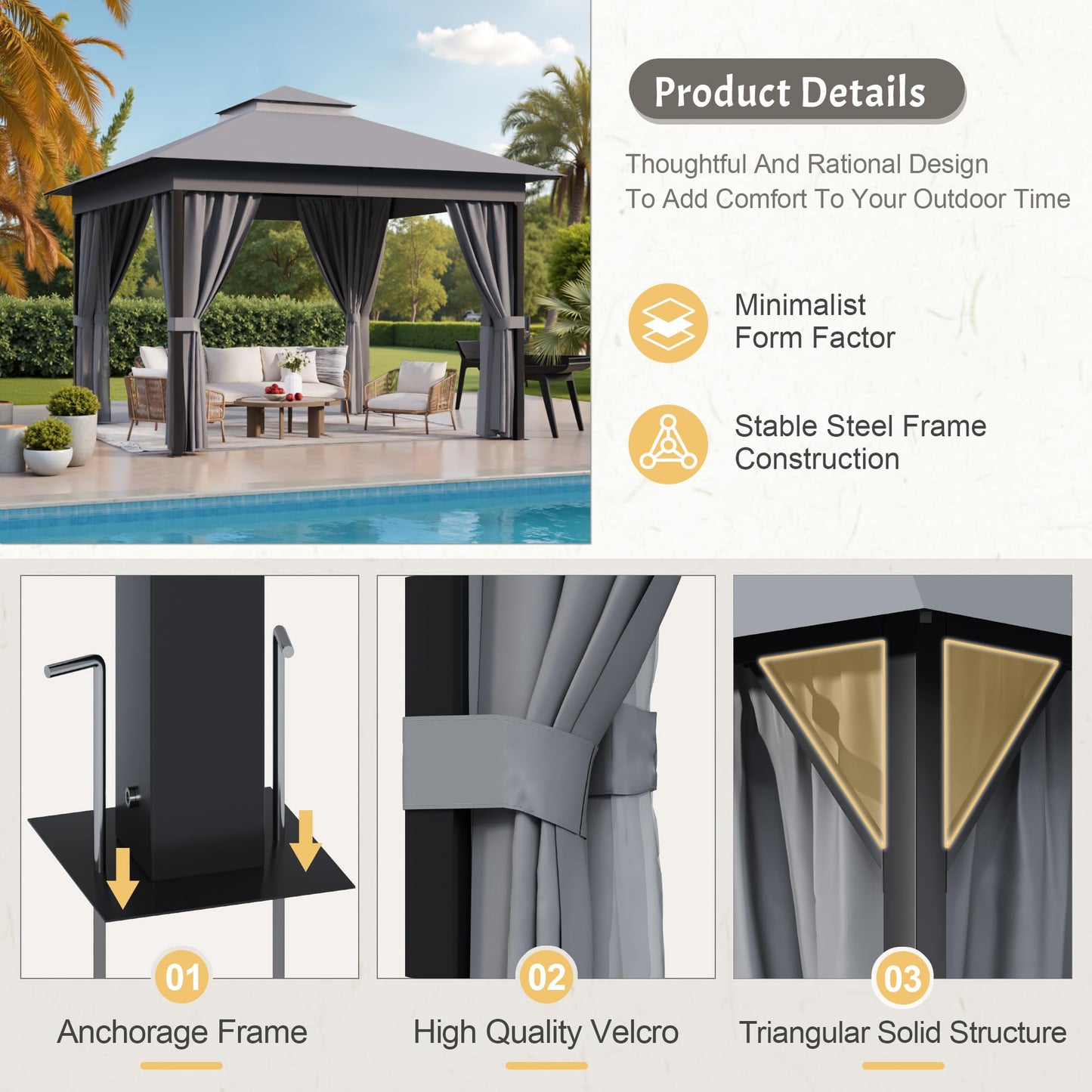 Devoko Outdoor 10'x 10' Gazebo, Soft Top Deck Gazebo with Mosquito Netting, Heavy Duty Metal Frame Canopy with Expansion Bolts and Double Roofs，Party Tent & Shelte for Backyard, Garden (Grey)