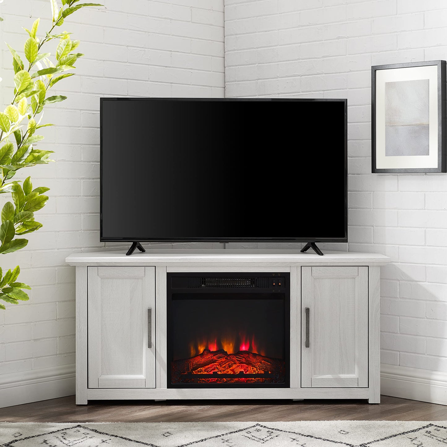 Crosley Furniture Camden Corner Fireplace TV Stand for 50+ inch TVs, Entertainment Center with Storage Shelves, Whitewash