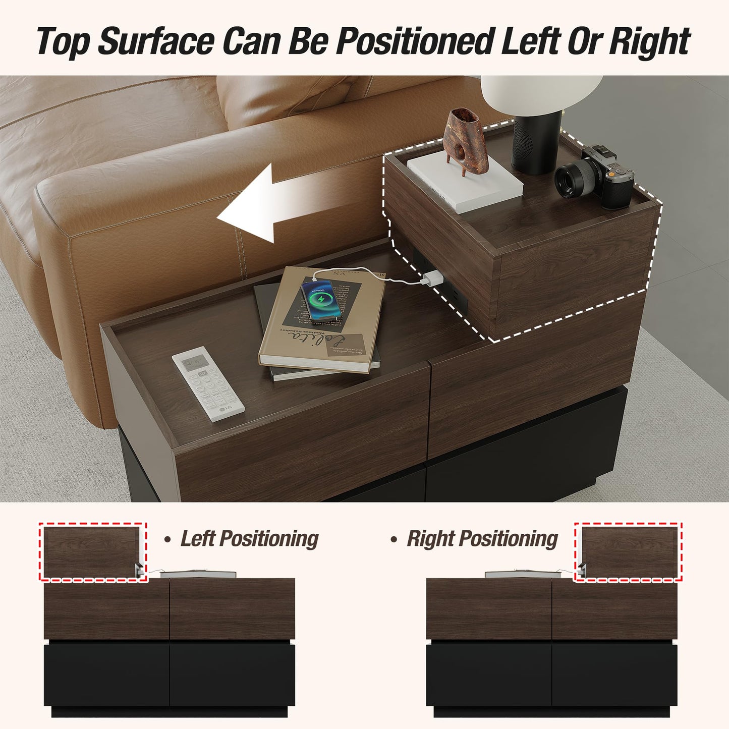 Modern Sofa Side Cabinet, Side Table with USB Interface and Power Outlet, Walnut Wood Living Room Bedroom Side Cabinet Modern Bedside Table with Charging Station for Living Room, Bedroom
