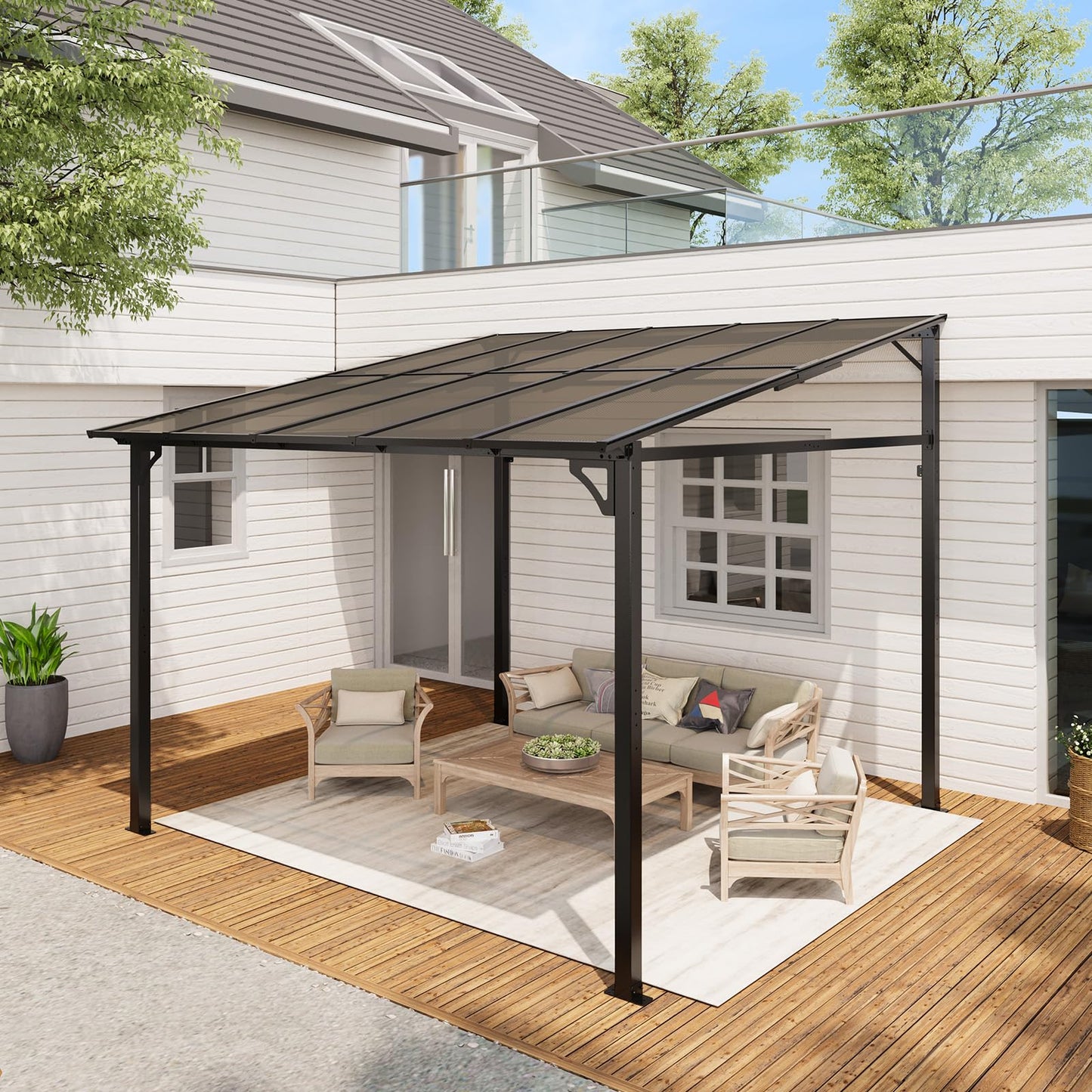 Hetoy 10 x 10 FT Wall Mounted Gazebo Pergola for Patio, Hardtop Gazebo with Sloped Polycarbonate Roof, Lean to Carport with 4-Pillar Aluminum Frame, Outdoor Garden Deck Shade for Decks, Backyard