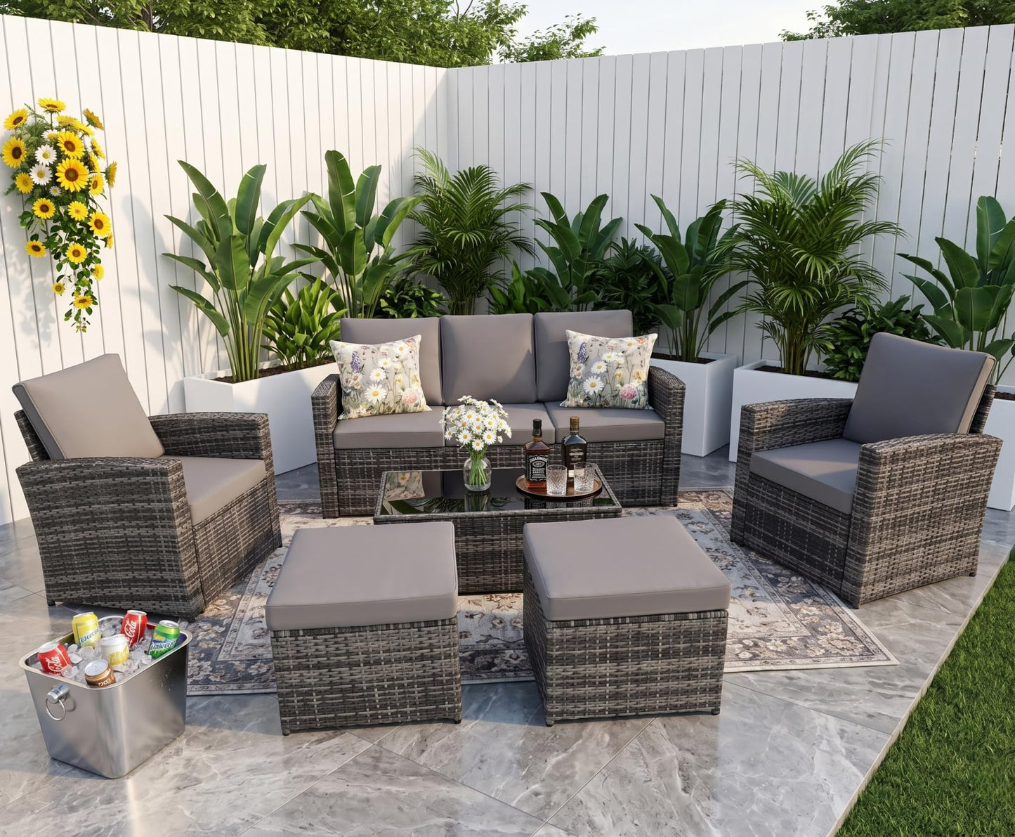KEIKI 6Pcs Outdoor Patio Conversation Furniture Sets with Couch,Chair, Glass Coffee Table & Ottoman, PE Wicker Sectional Couch Sofa Seating with Thick Cushion for Backyard Lawn Poolside, All-Weather