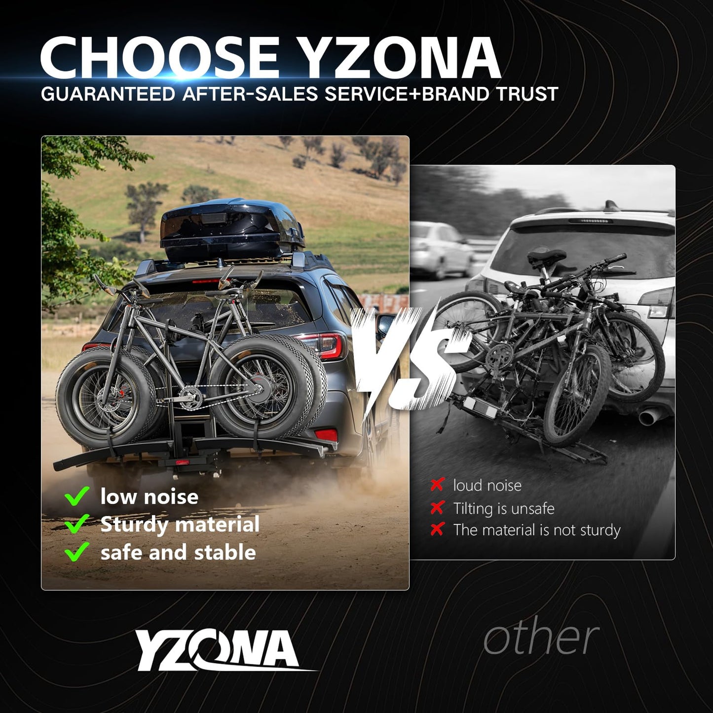 YZONA Foldable EBike Rack with Ramp for 2 Heavy Ebike, Fits 5'' Fat Tire Hitch Bike Rack, XXL Wheel Straps, Lockable & Tiltable, for Cars, SUVs, Trucks, Trailers