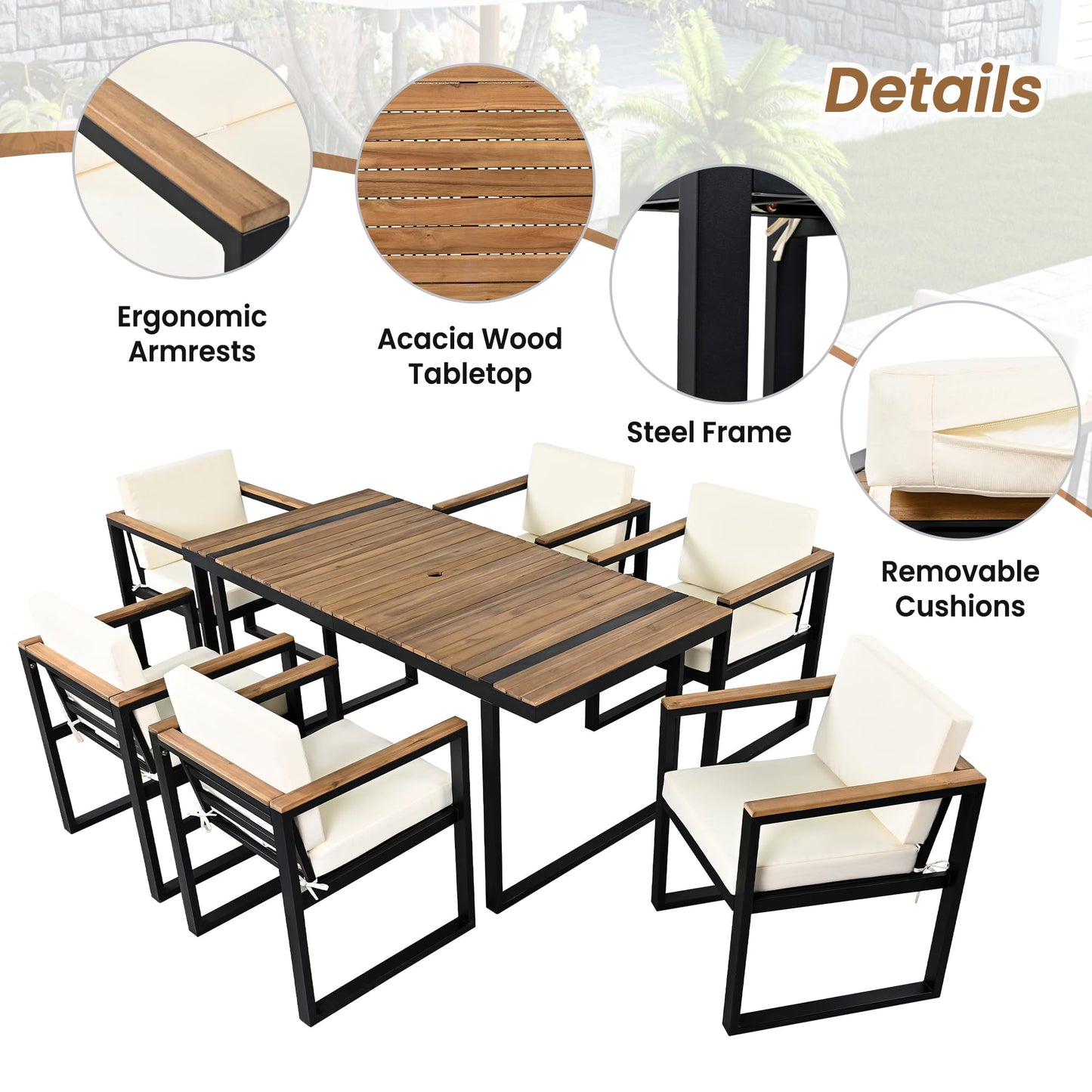 Outdoor Patio Sofa Set 4-Piece with Cushions, Woven Rope Design Seating, Acacia Wood & Steel Frame, Water-Resistant Fabric, 3-Seat Couch, Chairs & Dual-Layer Coffee Table for Garden Balcony, Beige