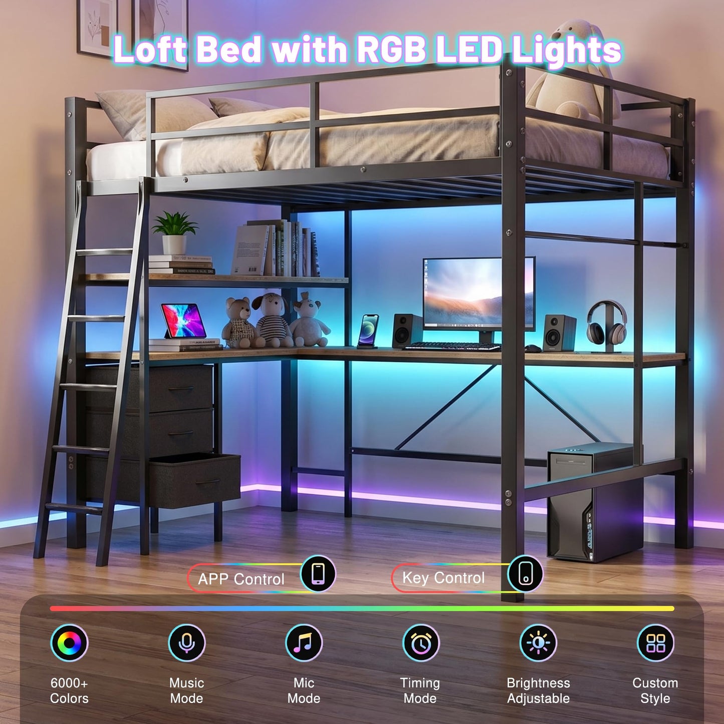 Cryrature Full Size Loft Bed with L-Shaped Desk, Charging Station,LED Lights,Heavy Duty Metal Loft Bed Frame with 3 Fabric Drawers & Open Shelve,No Box Spring Needed, Black