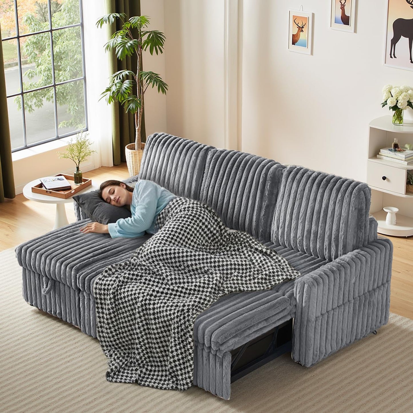 KCGKCG Sleeper Sofa Bed, 81” Pull Out Couch Bed with Reversible Storage Chaise, 3 in 1 L-Shaped Couch with Charging Station, Cup Holder, Side Pocket, Plush Corduroy Couches for Living Room(Light Grey)