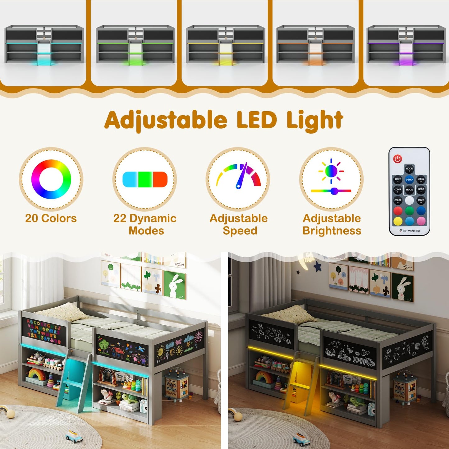Giantex Low Loft Bed with LED Lights, Wooden Twin Size Loft Bed with Ladder & Blackboard, Twin Bed Frames for Kids with Storage 2 Bookcases and Play Space, Grey