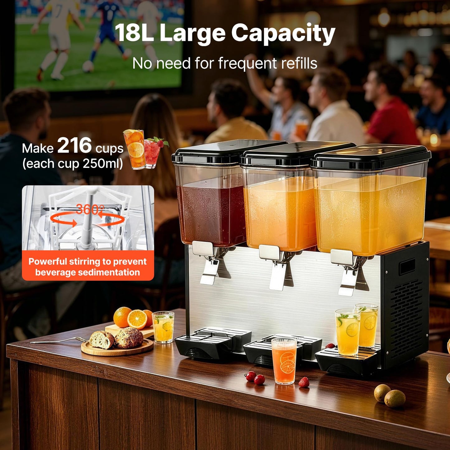 VEVOR Commercial Beverage Dispenser, 3 Tanks Juice Dispenser, 18 L / 19 QT Per Tank, 512W Stainless Steel Ice Tea Drink Machine with 45℉ to 54℉ Cooling Temp, for Cold Drink Restaurant Bar Party