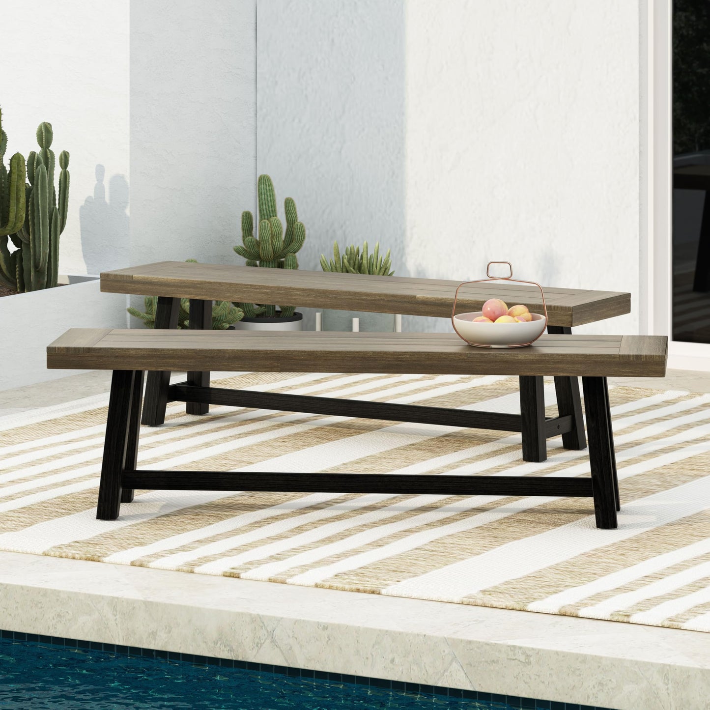 Merax 2-Piece Acacia Wood Outdoor Benches Set, 63" Rustic Patio Bench with Sandblast Gray Finish and H-Stretcher Design, Solid Hardwood Garden Bench for Dining, Porch, Fire Pit, Grey+Black