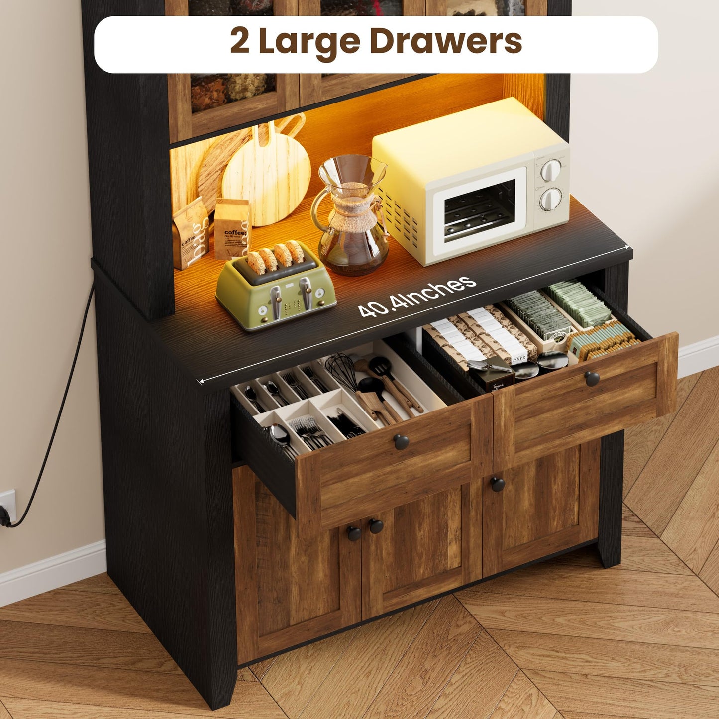 Pantry Cabinet with Charging Station, Farmhouse Kitchen Pantry Storage Cabinet with Countertop, Large Kitchen Hutch with Storage Drawers and Adjustable Shelves & Water Ripple Design for Dining Room,