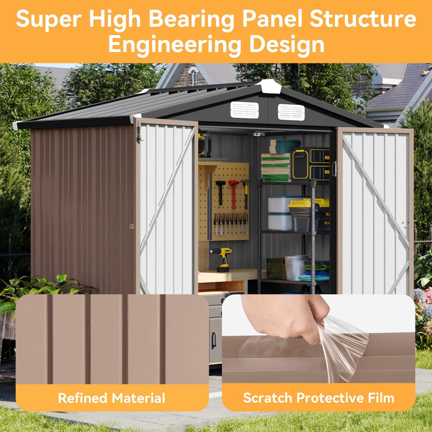 Aoxun 6x3.9 FT Metal Outdoor Steel Shed with Lockable Doors Tool Shed Bike Shed for Backyard, Patio, Poolside (Brown)