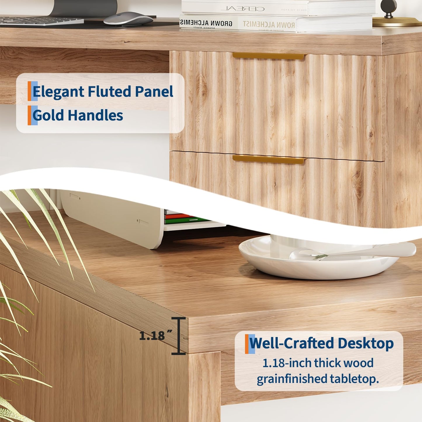 Garvee Executive Desk with Drawer and Power Outlet, 61" Large Farmhouse Computer Desk Home Office Wood Executive Desk with Adjustable Shelf for Work Study Writing, Oak
