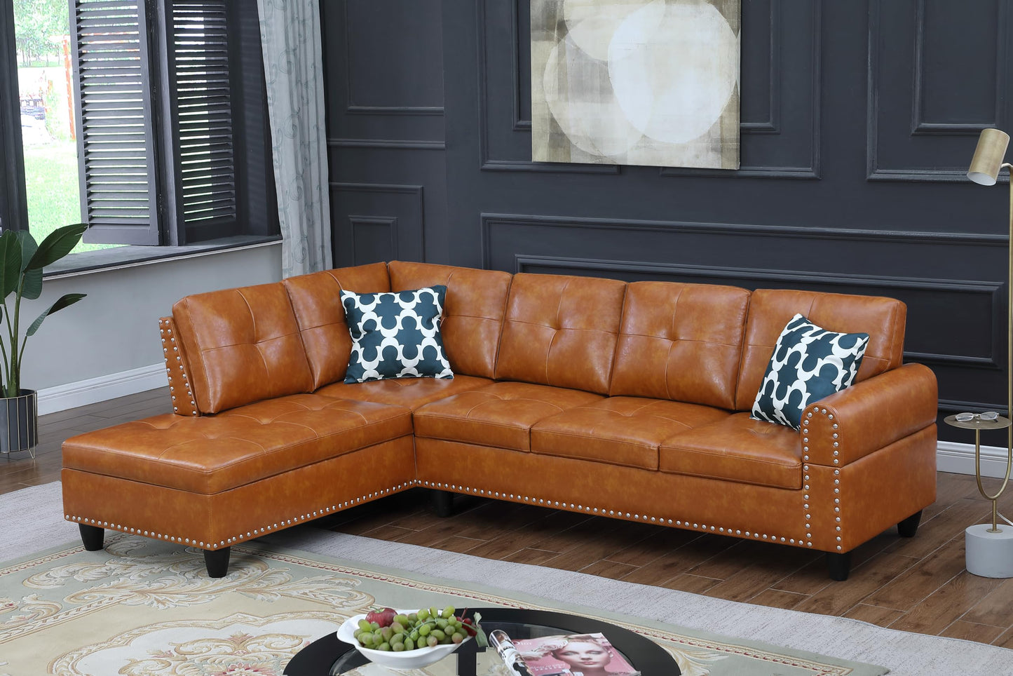 Ball & Cast 98" L Shaped Sectional Couch with Chaise, Faux Leather Upholstered Modular Sectional Sofa with 2 Pillows and Cup Holders,5 Seater Comfy Sofa,Nailhead Trim Design,for Living Room,Ginger