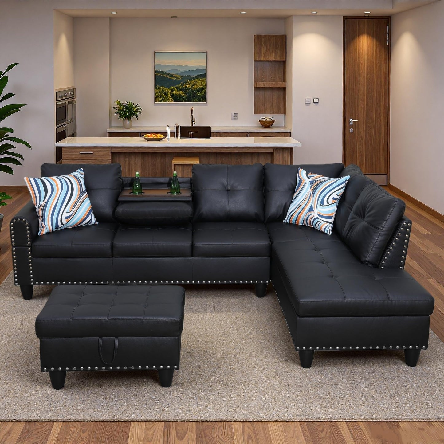 Topcomfy Sectional Couches for Living Room with Movable Chaise & Storage Ottoman - 97.5" Leather L Shaped Couches for Living Room Apartment, Home Modular Sectional Sofas with Cup Holder, Black