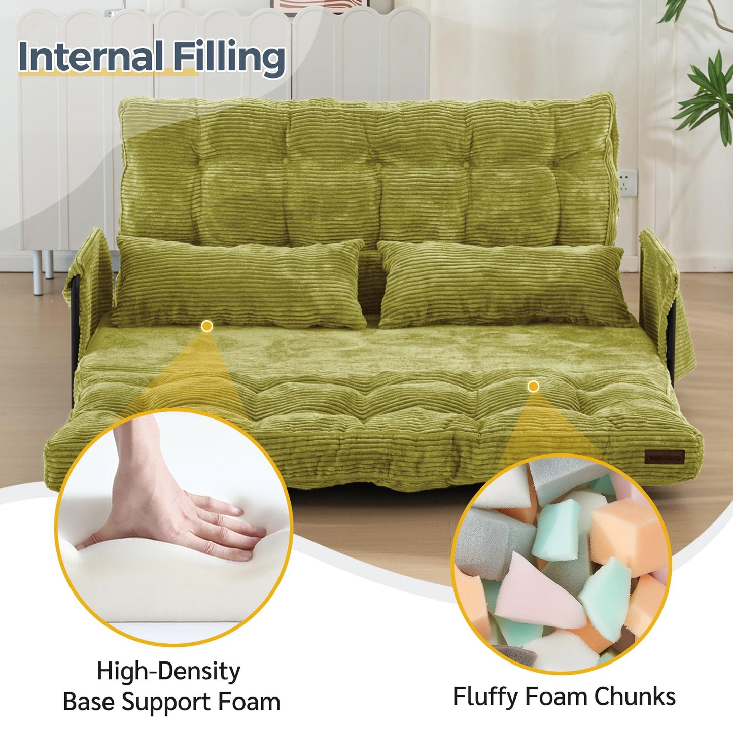MAXYOYO Adjustable Floor Sofa Couch with 2 Pillows, Multi-Functional Bean Bag Bed, 5-Position Foldable Lazy Sofa Bed with Armrest, Versatile Floor Seating for Reading, Green, Double