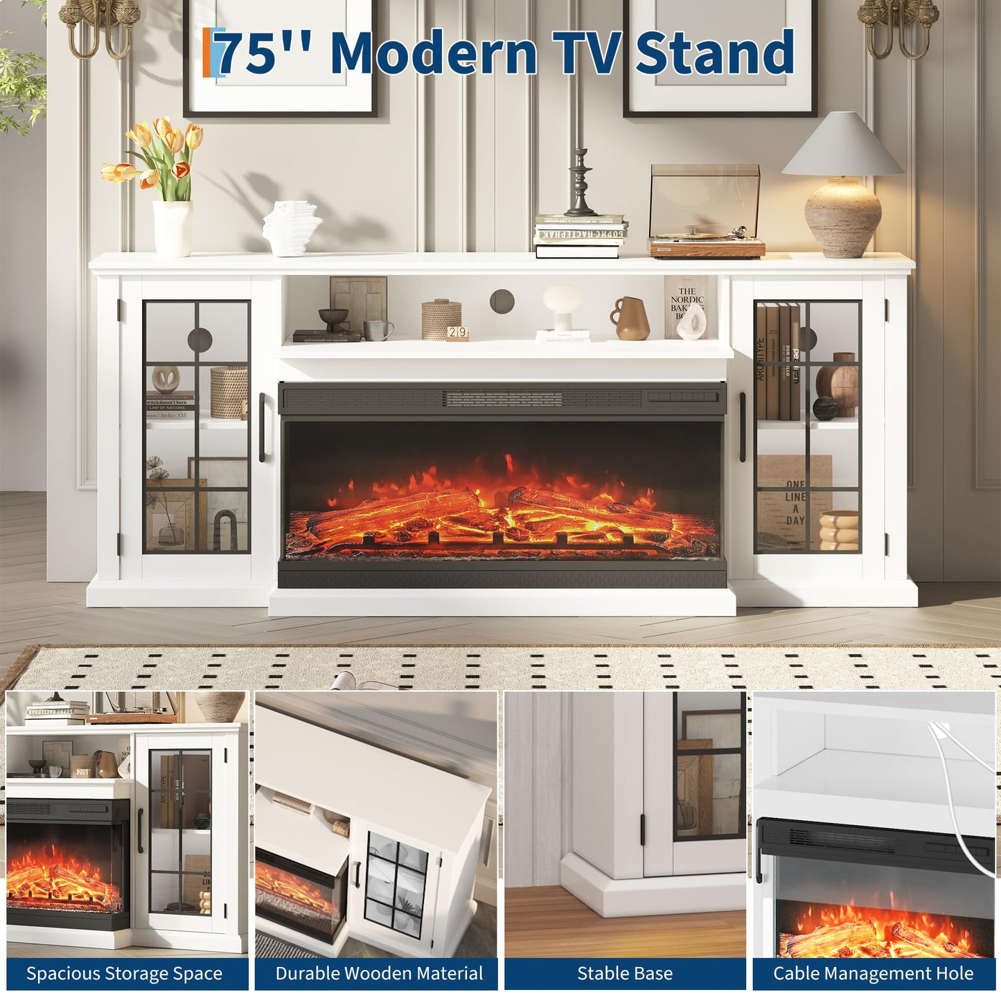 Fireplace TV Stand, 75'' TV Stand with 40" Fireplace, Electric Fireplace Heater, Entertainment Center with Frame and LED Light Colors, TV Console Cabinet