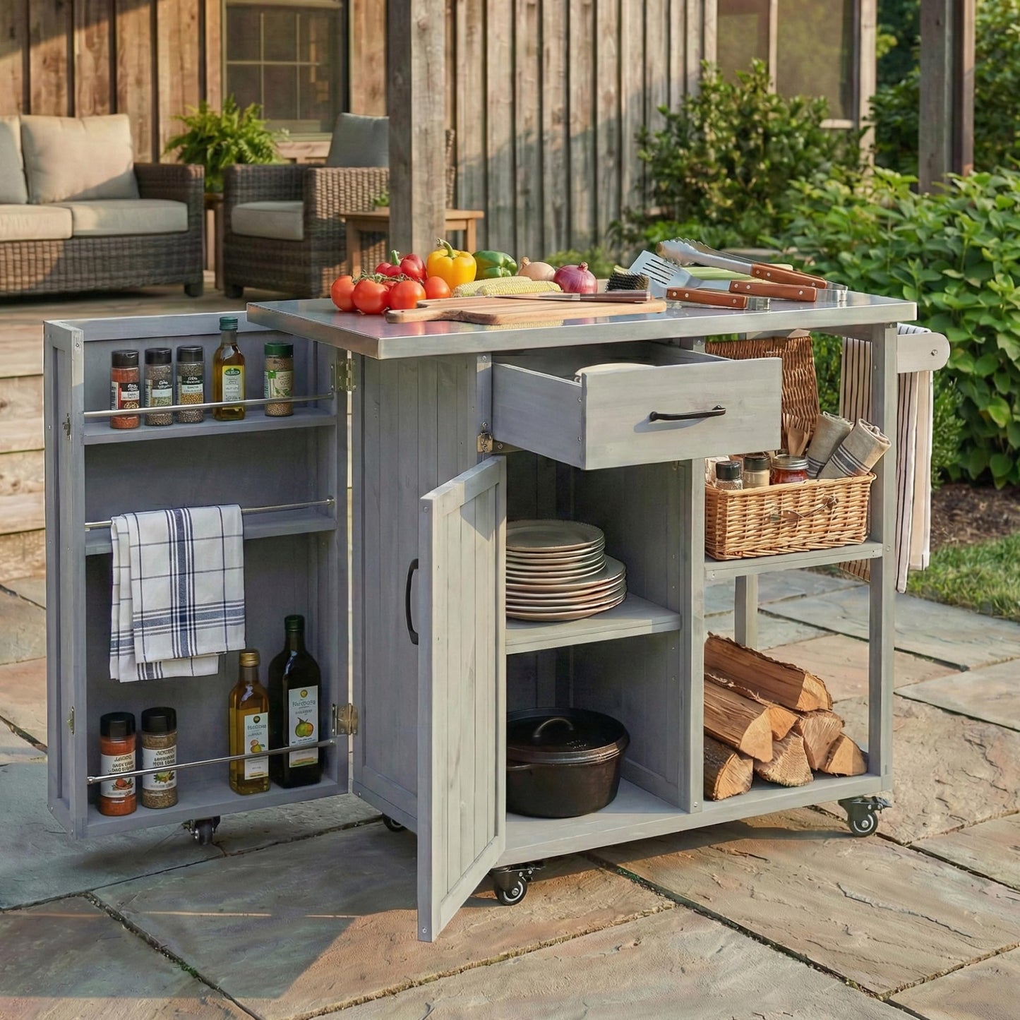 Outdoor Kitchen Island Cart with Stainless Steel Top, Rolling Grill Table with Storage Cabinet Drawer Shelves and Towel Rack, Wooden BBQ Prep Station with Lockable Wheels for Patio Backyard, Grey