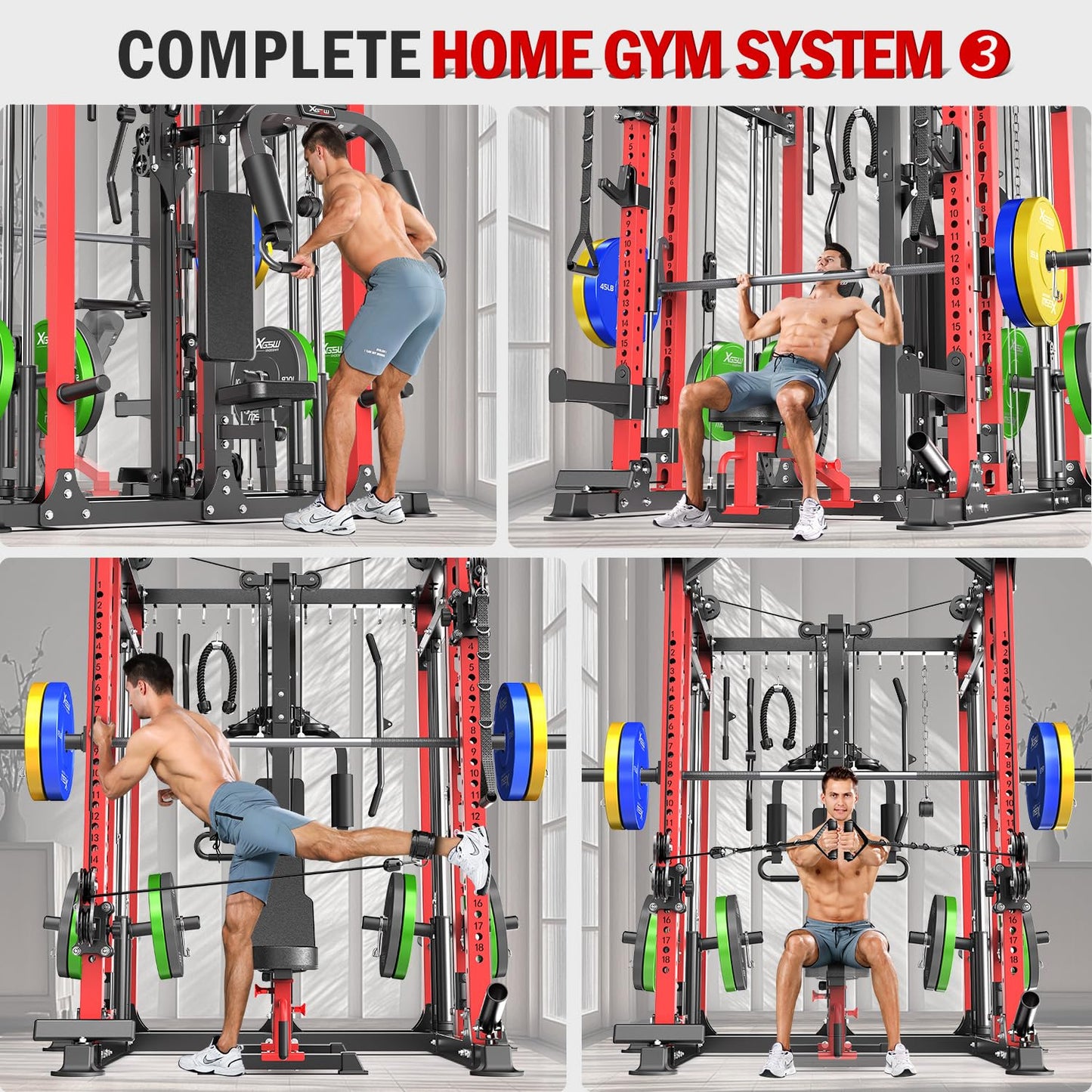Smith Machine with Cable Crossover System, Multi-Function Power Cage Squat Rack for Home Gym, Power Rack and Packages Weight Sets. (Red, L06-Smith Machine+Weight Bench)
