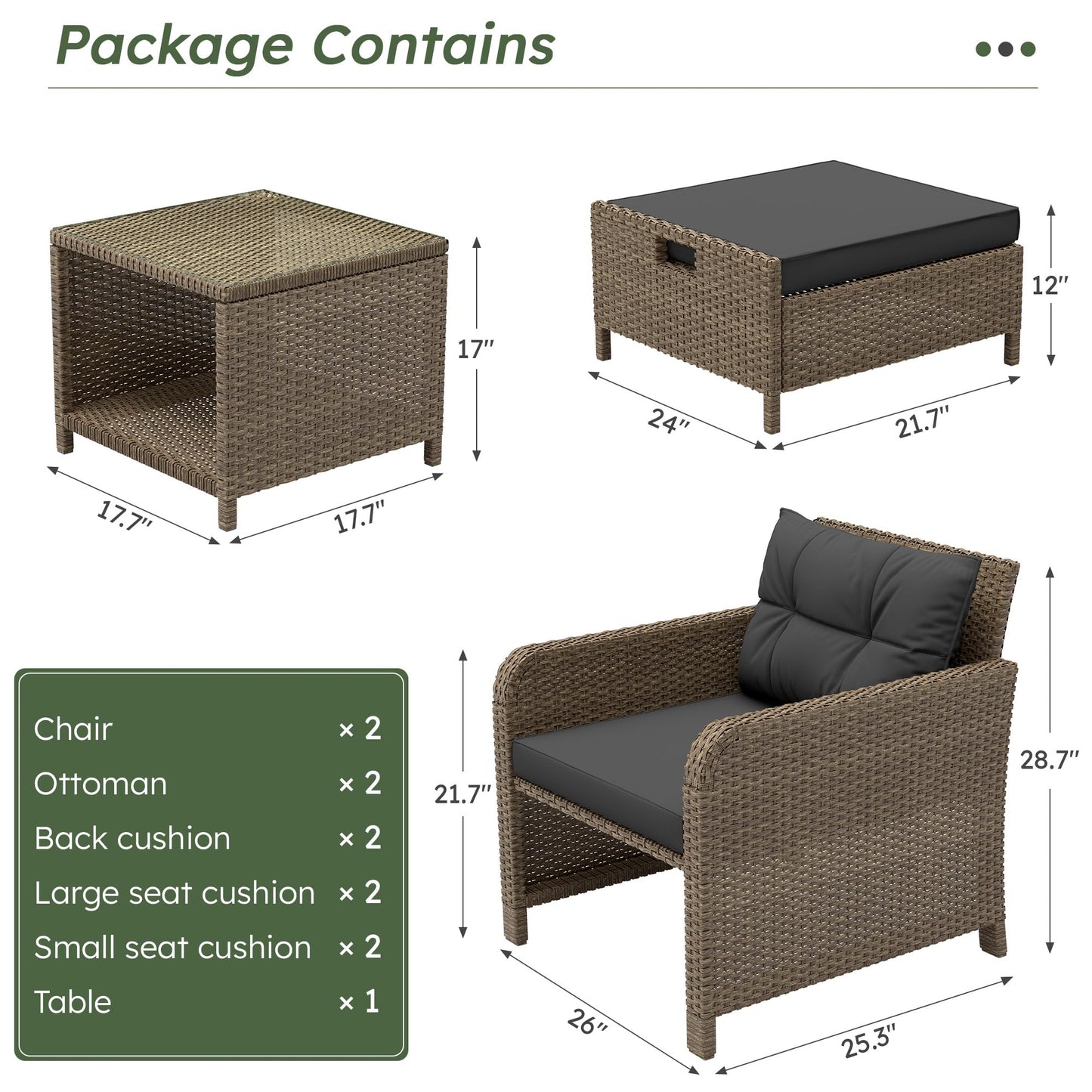LHBcraft Balcony Furniture 5 Piece Patio Conversation Set, PE Wicker Rattan Outdoor Lounge Chairs with Soft Cushions 2 Ottoman-Glass Table for Porch