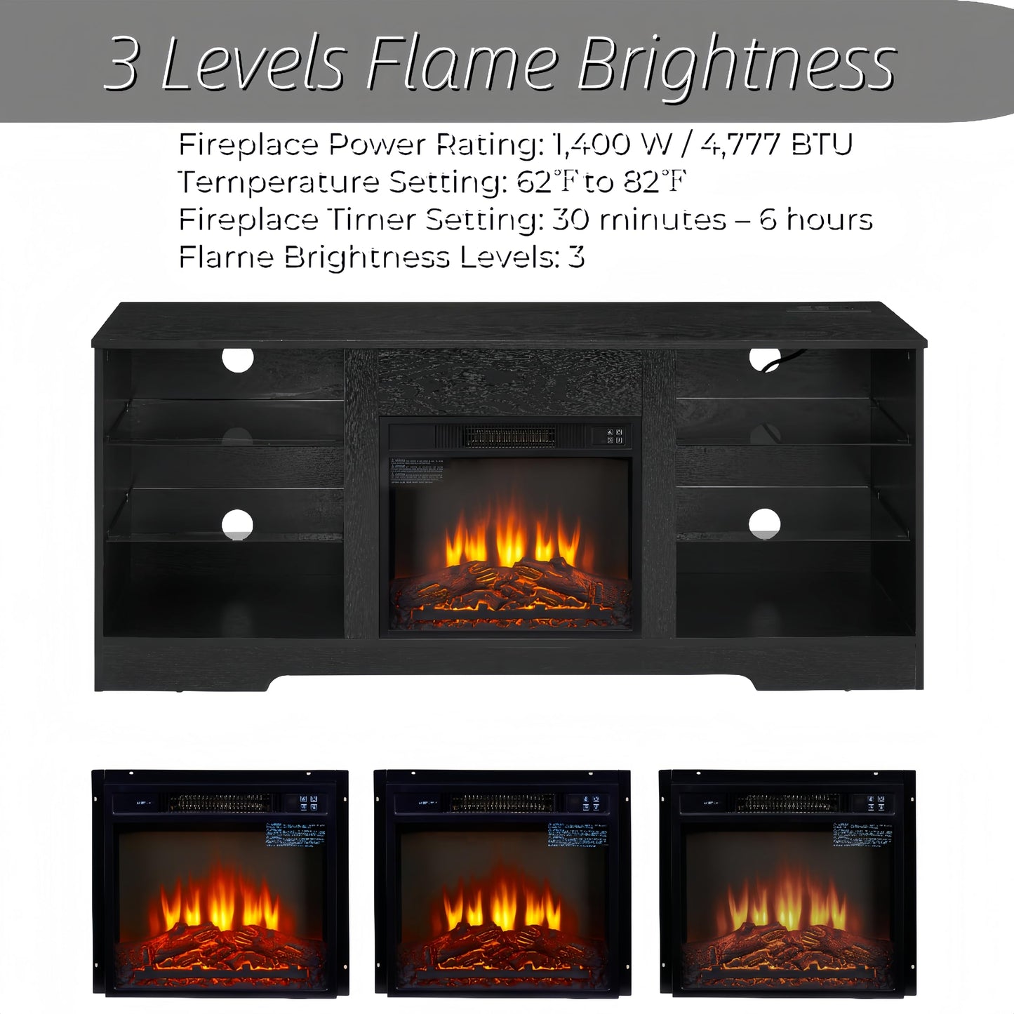 KEIKI 58" Electric Fireplace TV Stand for TVs Up to 62 inch, Modern Media Entertainment Center with LED Lights & Glass Shelves & USB Charging Outlet, TV Console Cabinet for Living Room, Black