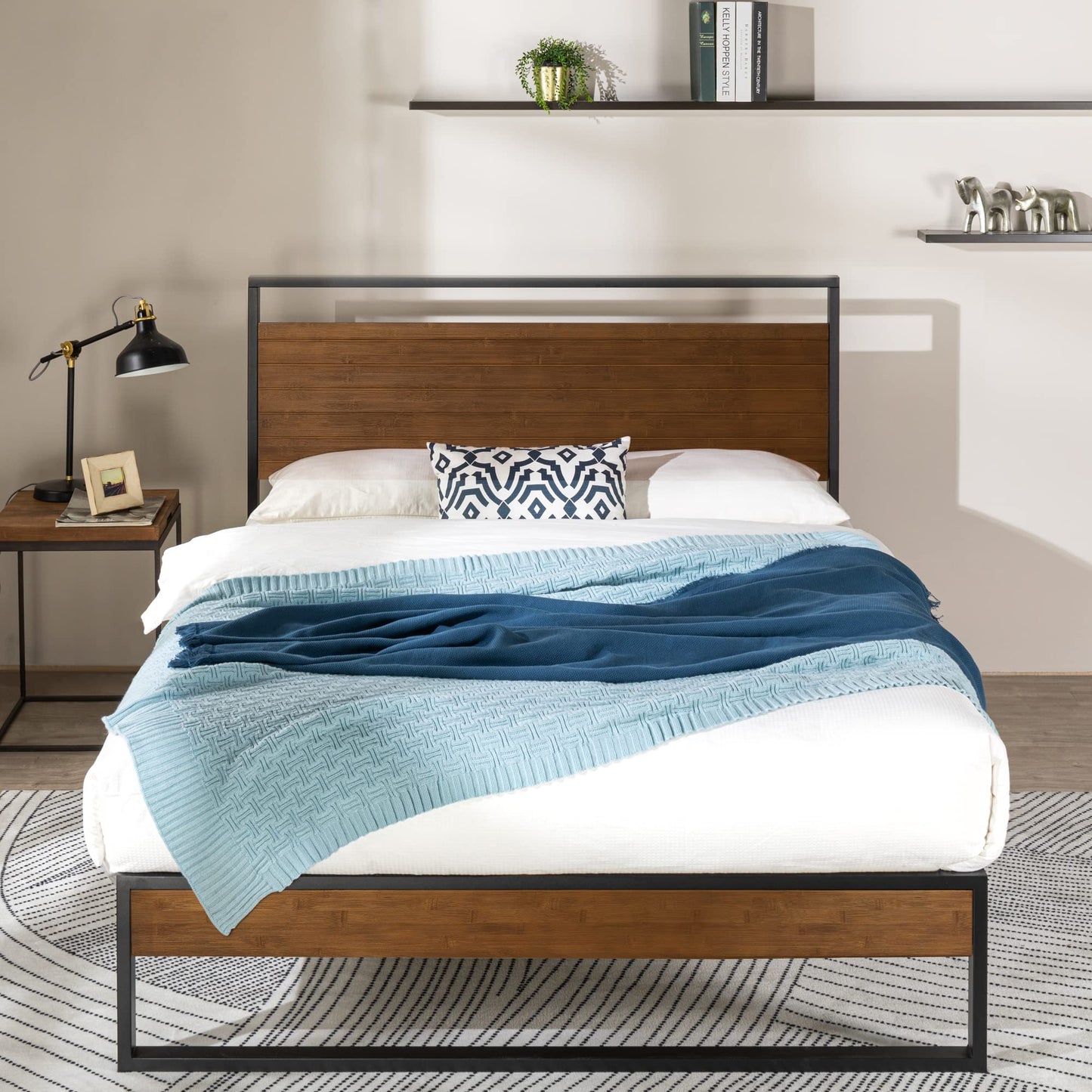 ZINUS Suzanne 44 Inch Bamboo and Metal Platform Bed Frame, Solid Steel Construction, No Box Spring Needed, Wood Slat Support, Easy Assembly, Chestnut Brown, King