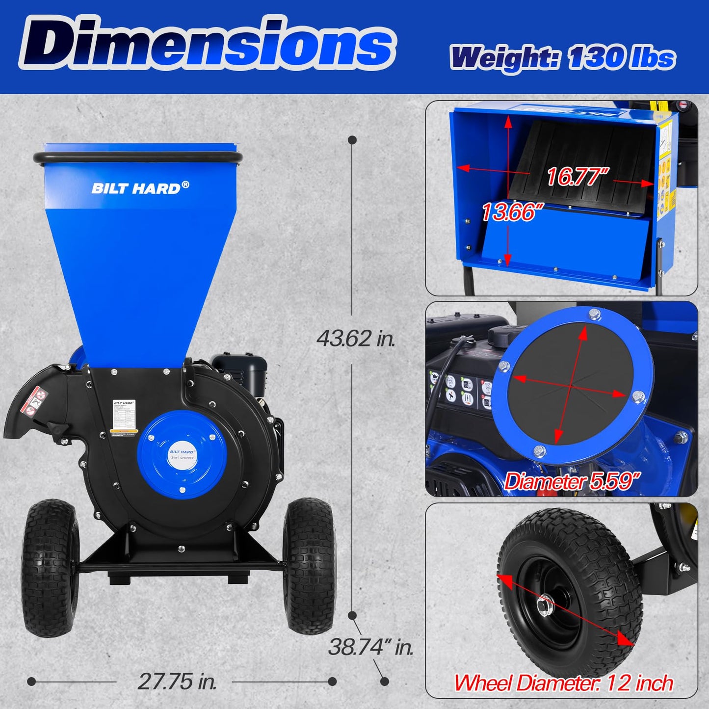 BILT HARD Wood Chipper with Tow Hitch - 7.5 HP 224cc Gas Powered Shredder Towable, 3 in 1 Multi-Function Heavy Duty, 3" Max Wood Diameter Capacity with Collection Bag