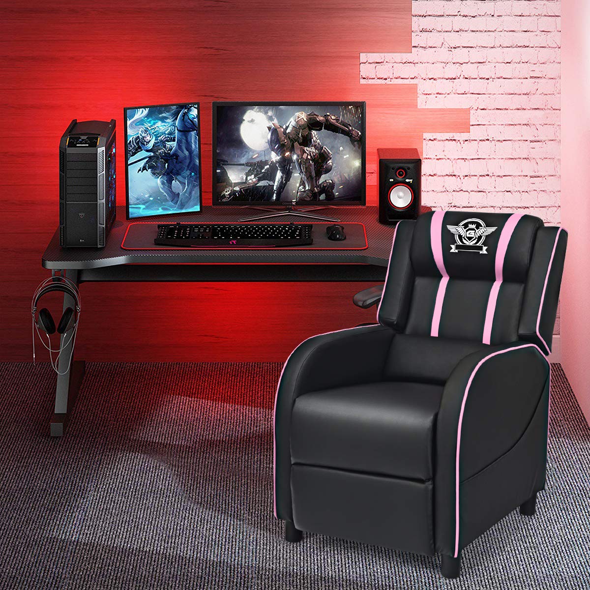Giantex Gaming Recliner Chair, Adjustable Massage Gaming Chairs for Adults, Ergonomic Comfortable Lounge Leather Sofa w/Footrest, Remote Control & Side Pocket, Racing Style Single Sofa Recliners, Pink